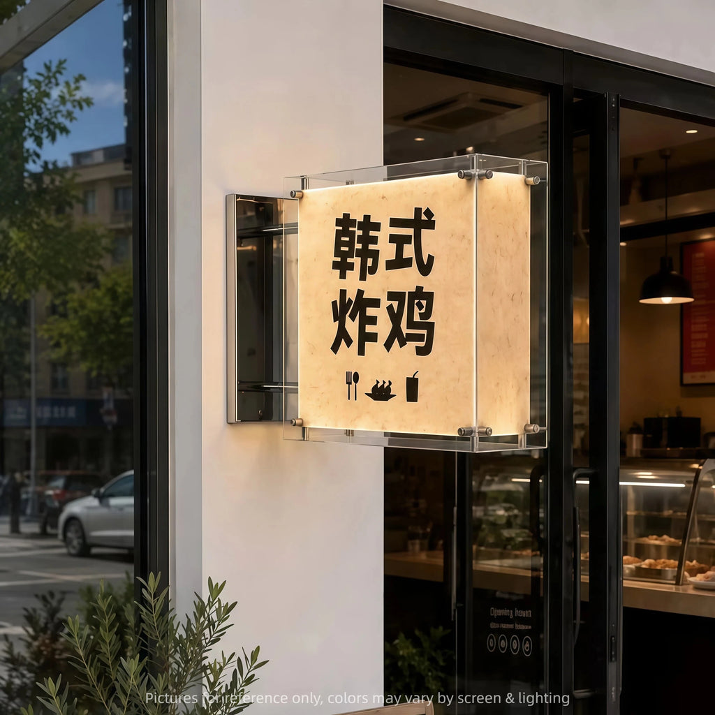 侧挂式亚克力灯箱，带3D立体发光文字，店门口广告灯箱