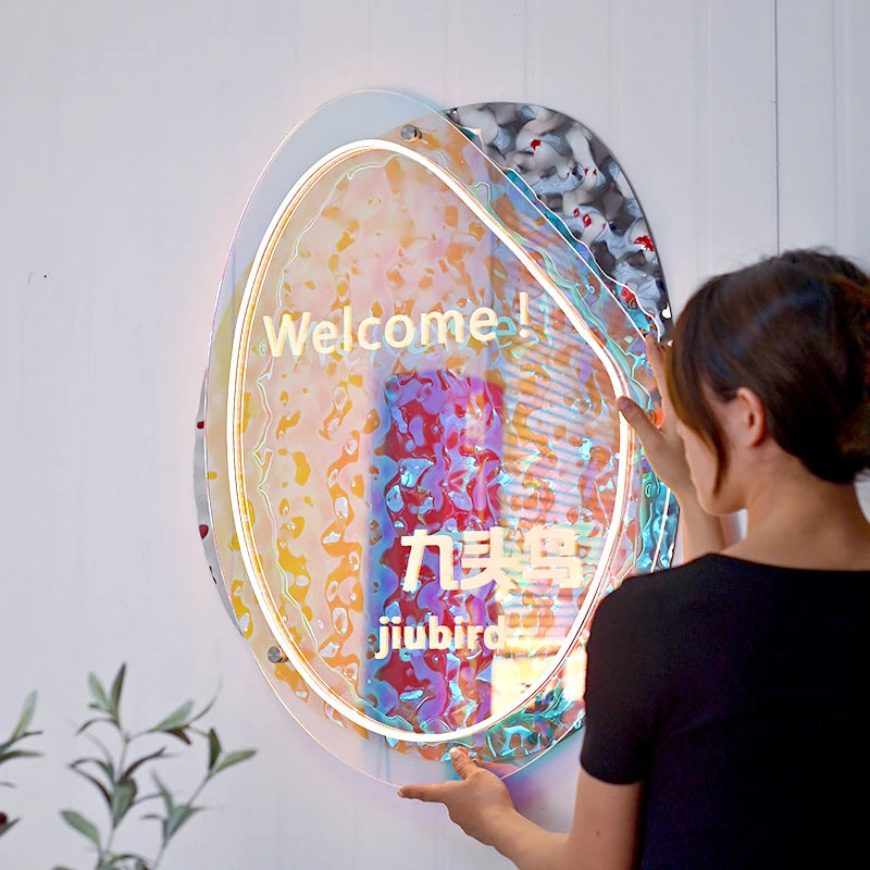 幻影彩色亚克力照明广告牌、波纹镜不锈钢板、咖啡店照明标志