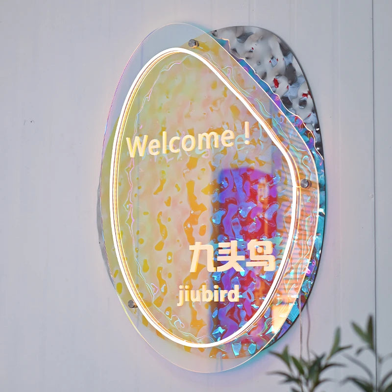 幻影彩色亚克力照明广告牌、波纹镜不锈钢板、咖啡店照明标志