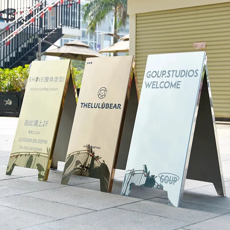 70X35cm镜面不锈钢折叠双面地板站立展示板广告定制