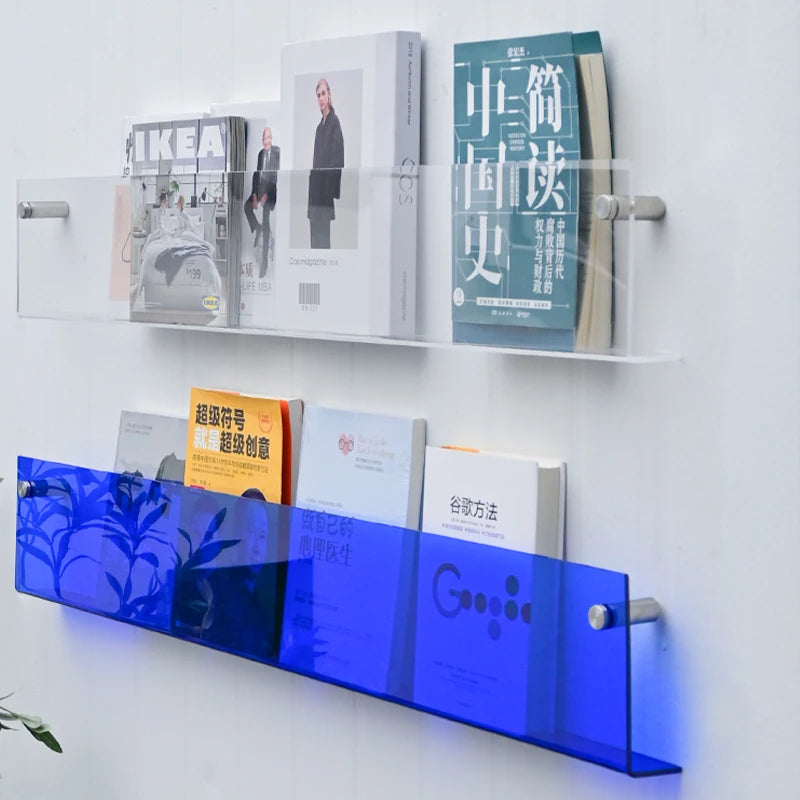 亚克力书架，克莱因蓝，亚克力展示架，简约风格，书店装饰，壁式书架，。