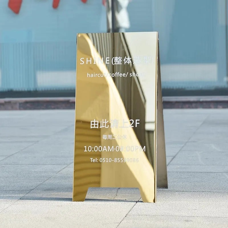 70X35cm镜面不锈钢折叠双面地板站立展示板广告定制