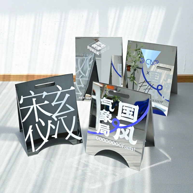 70X35cm镜面不锈钢折叠双面地板站立展示板广告定制
