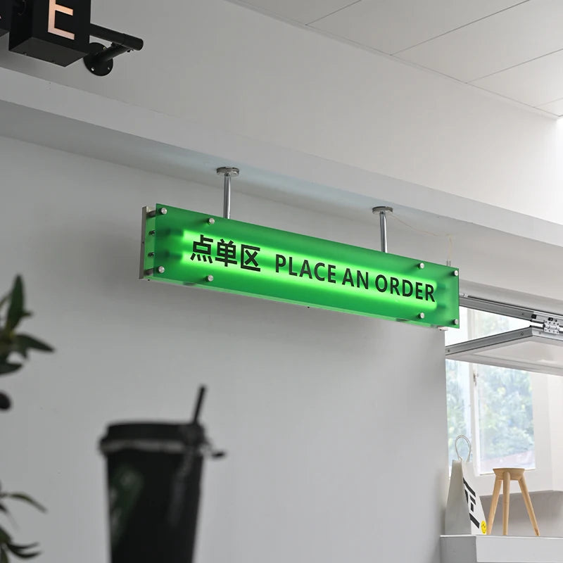 哑光亚克力灯箱、咖啡店、餐厅、服装店、橱窗展示、收银台、悬挂发光二极管照明标志