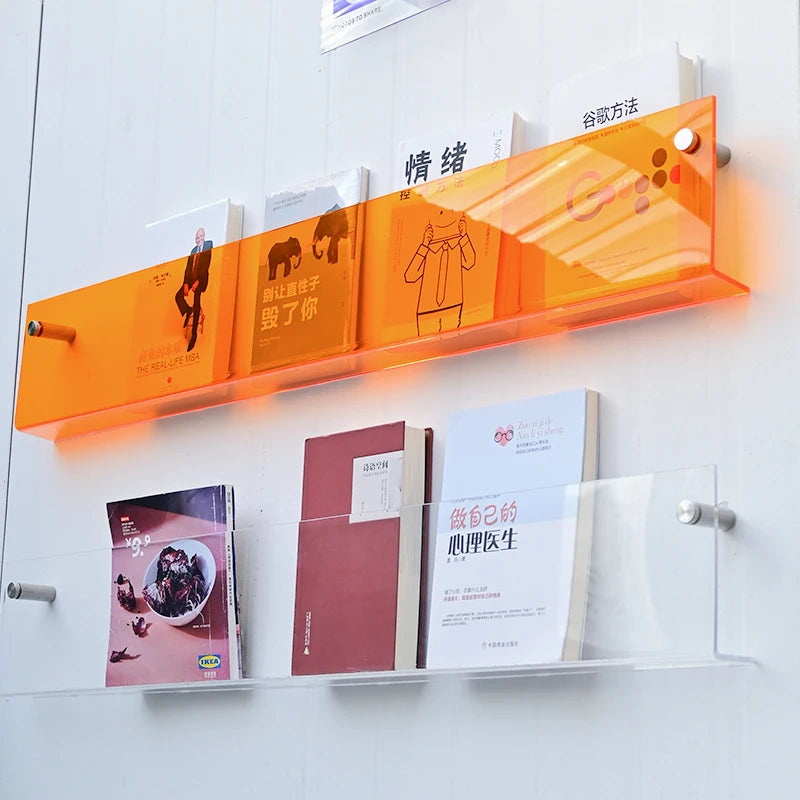 亚克力书架，彩虹色，亚克力展示架，简约风格，书店装饰，壁式书架，。