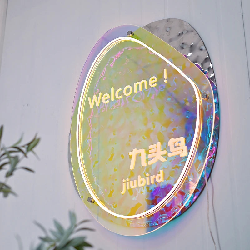 幻影彩色亚克力照明广告牌、波纹镜不锈钢板、咖啡店照明标志