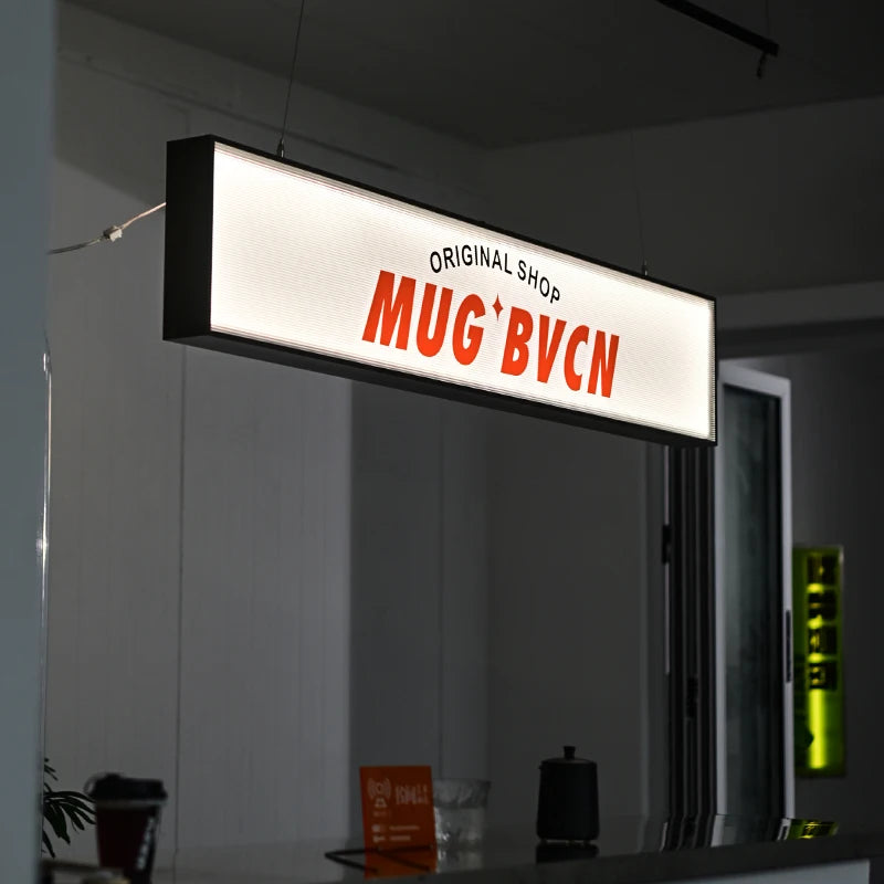 商店、餐厅、酒吧、室内钢丝悬挂装饰、广告、发光灯箱定制