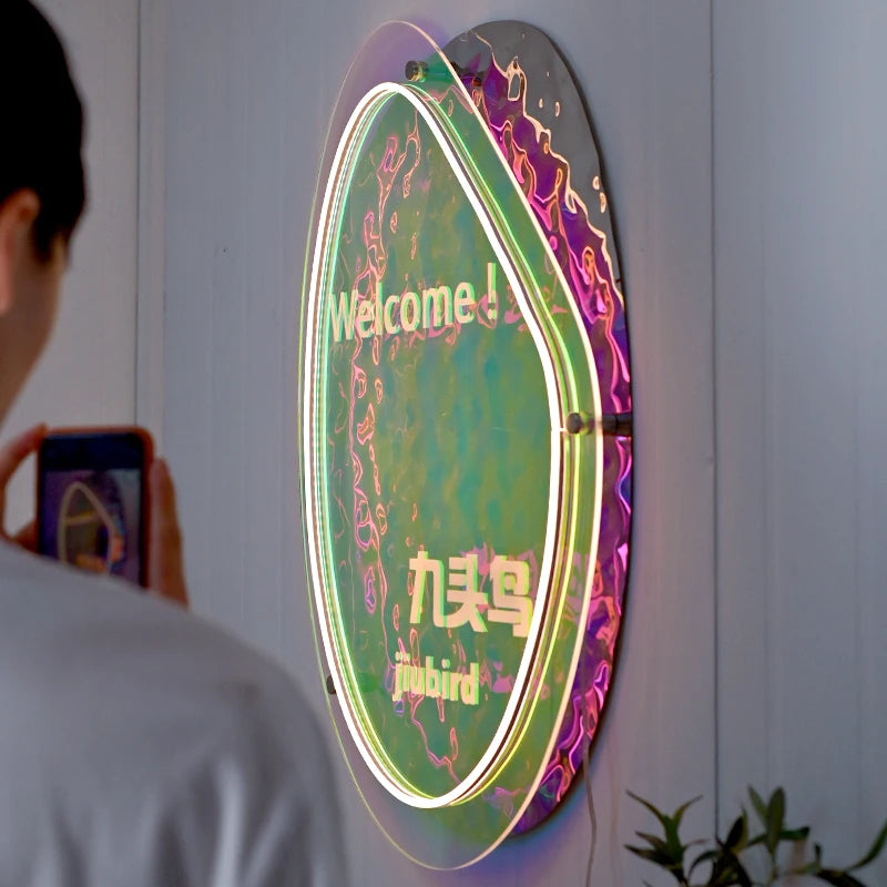 幻影彩色亚克力照明广告牌、波纹镜不锈钢板、咖啡店照明标志