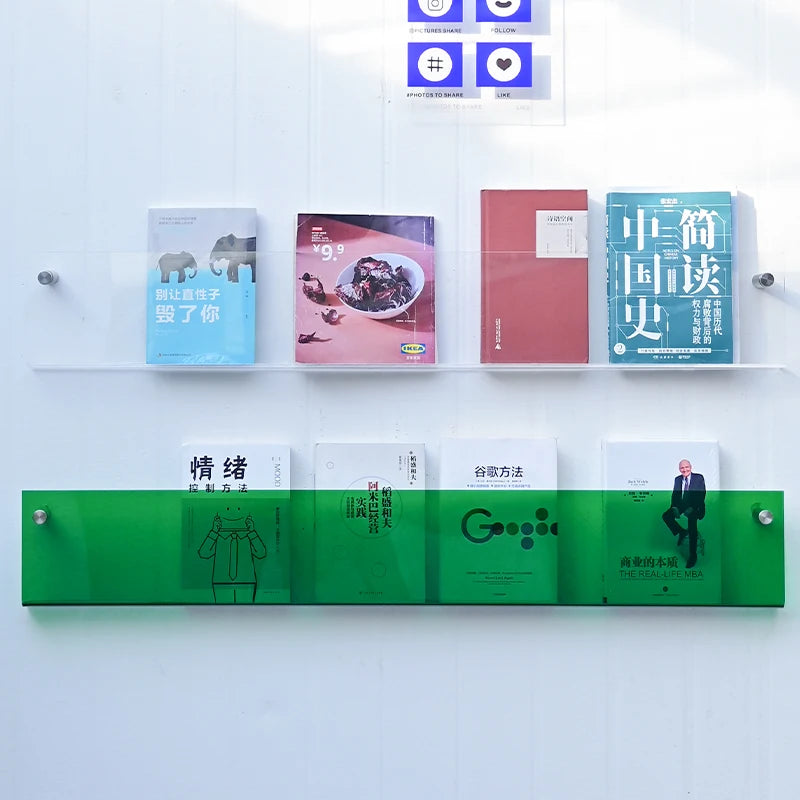 亚克力书架，绿色，亚克力展示架，简约风格，书店装饰，壁式书架，。