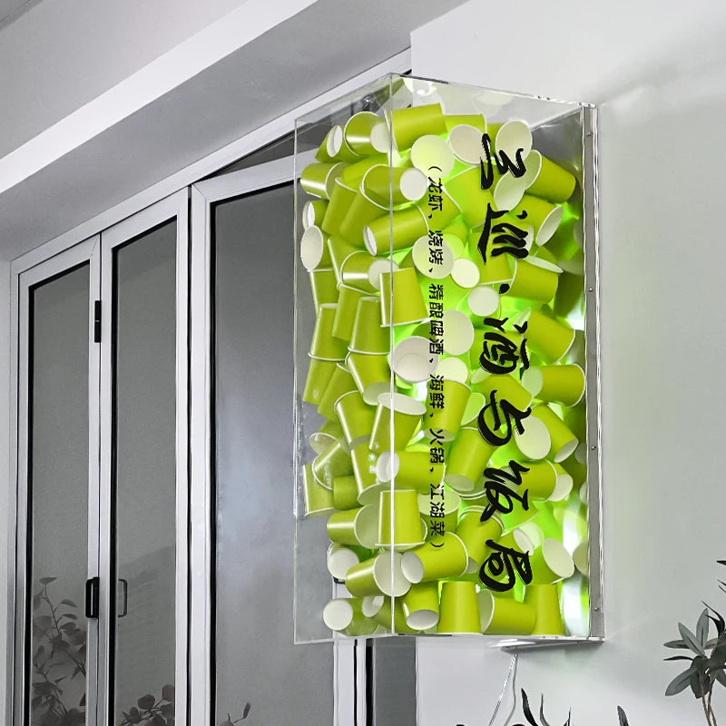 创意七彩纸杯灯箱侧挂亚克力发光标牌咖啡店奶茶店logo