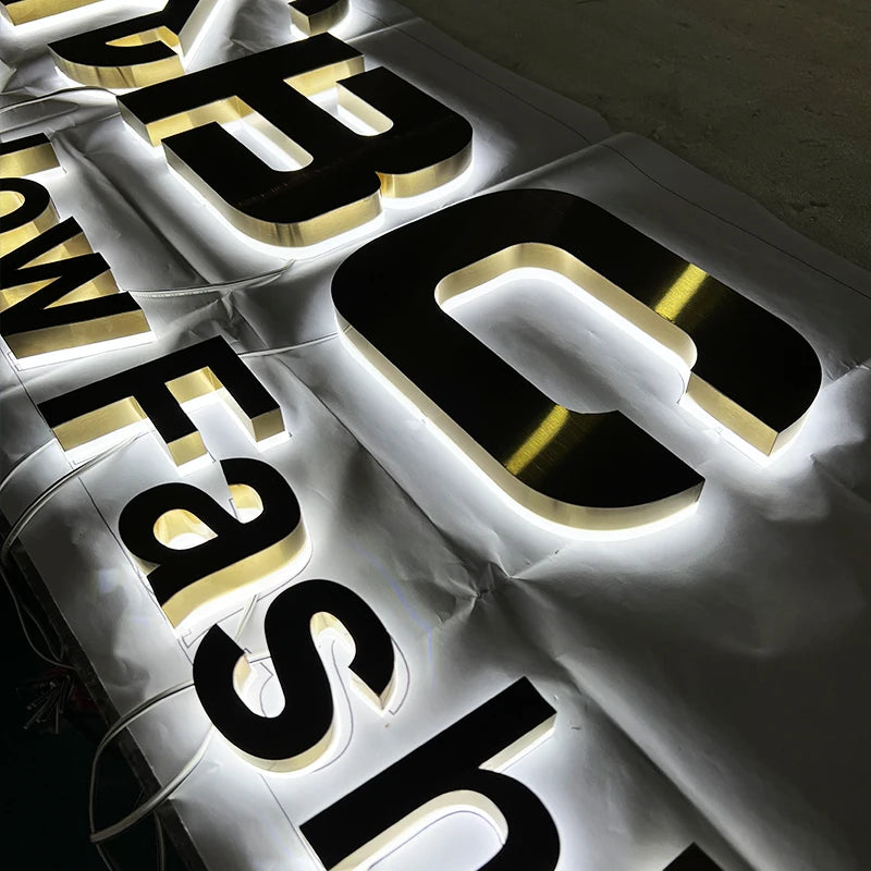 不锈钢拉丝金色背光字母LED发光标志广告3D字符定制