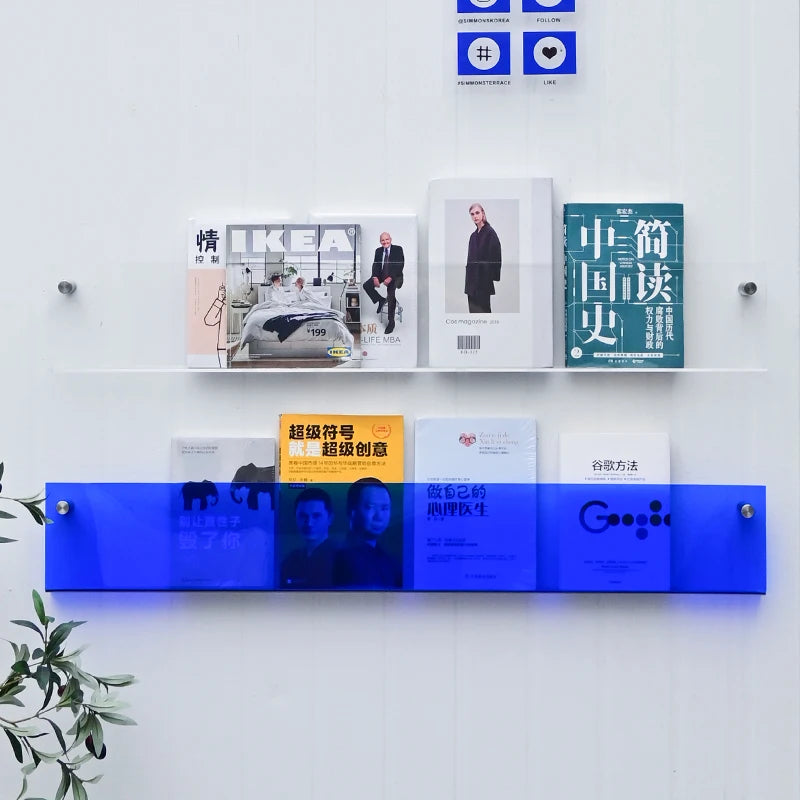 亚克力书架，克莱因蓝，亚克力展示架，简约风格，书店装饰，壁式书架，。