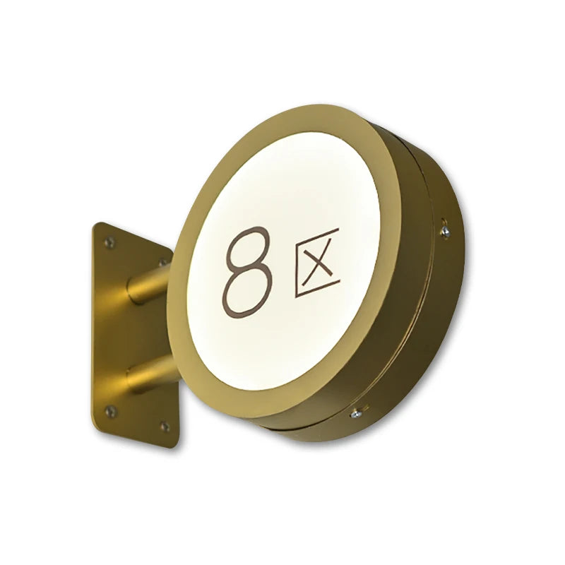壁挂式标牌，金色侧装圆形灯箱，双面内容，照明，可定制，商店门牌