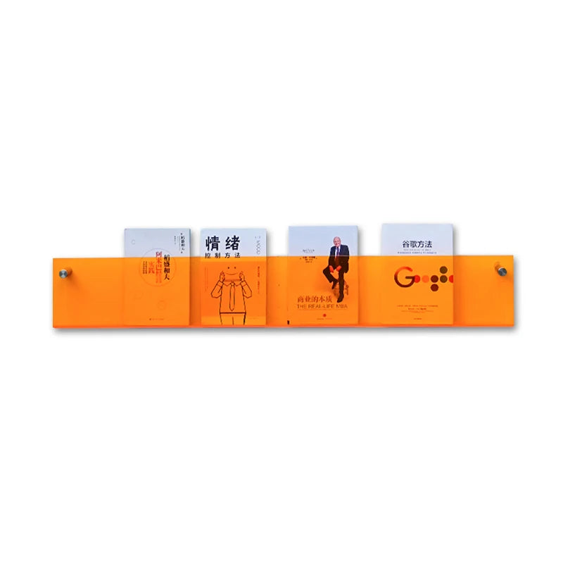 亚克力书架，橙色，亚克力展示架，简约风格，书店装饰，壁式书架，。