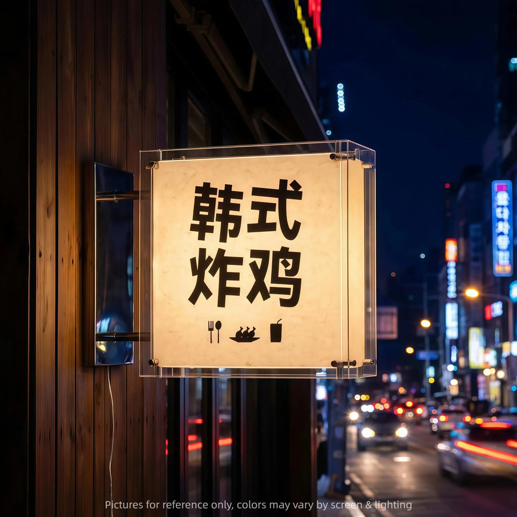 侧挂式亚克力灯箱，带3D立体发光文字，店门口广告灯箱