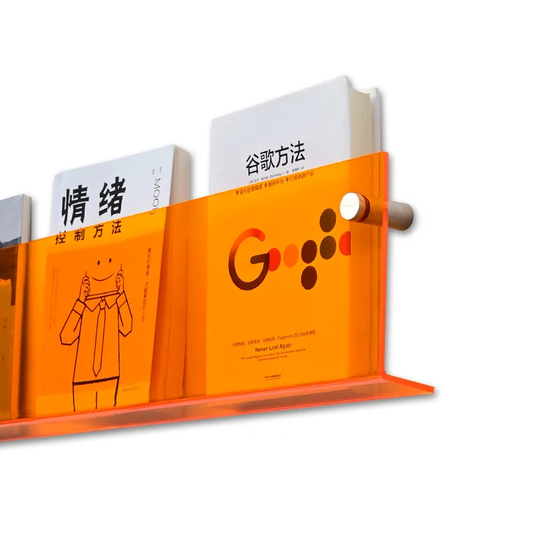 亚克力书架，橙色，亚克力展示架，简约风格，书店装饰，壁式书架，。