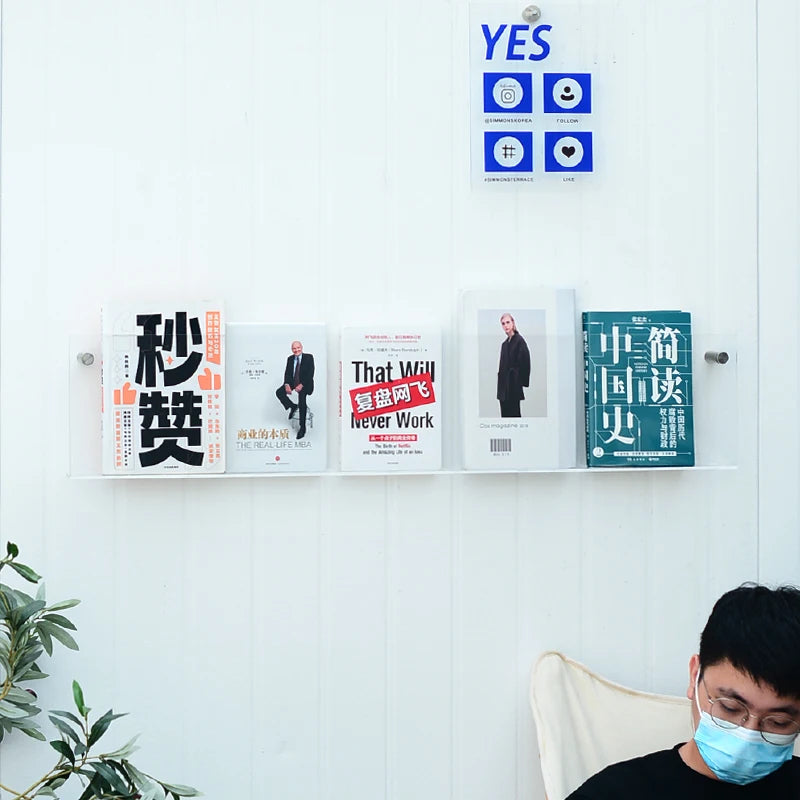 亚克力书架，透明，亚克力展示架，简约风格，书店装饰，壁式书架，。